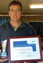 Johan Van Der Merwe, branch manager of Bearing Services Lydenburg, receiving SKF's award for Best Industrial Aftermarket Growth